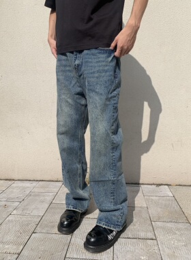 EMGR线上意大利蓝胶高盎司做旧闪电纹破坏宽松微喇cleanfit牛仔裤