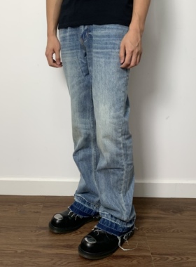 EMGR线上美国高盎司刀割破坏裤脚拉须水洗微喇宽松复古牛仔长裤