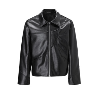 EMGR进口超纤定制水洗皮boxy裂纹短宽双开拉链里布多裁片外套夹克