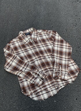 EMGR线上进口定制精纺法兰绒格纹纯棉破坏YKK拉链做旧长袖衬衫