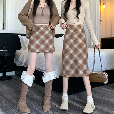 复古加厚毛呢格子半身裙女秋冬季新款小个子包臀裙高腰a字中长裙