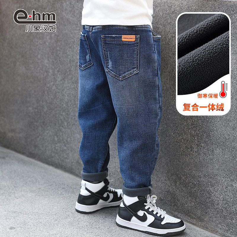 童装男童加绒牛仔裤2021冬装新款儿童中大童一体绒复合长裤棉裤潮