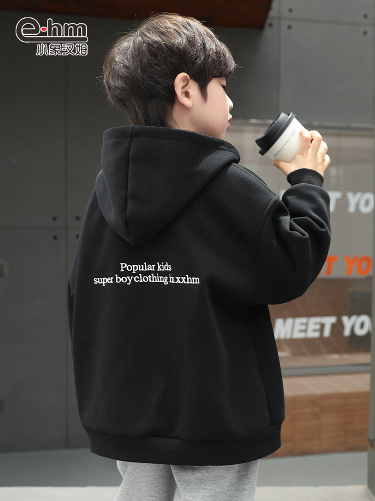 小象汉姆童装男童加绒外套一体绒儿童拉链衫2023秋冬新款中大童潮