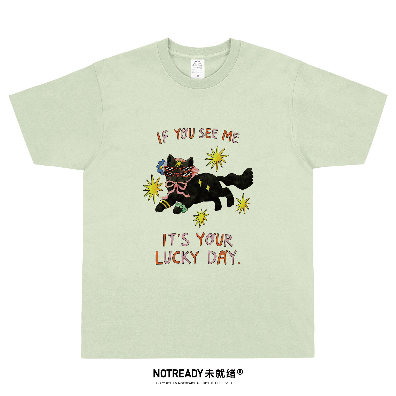 NOTREADY幸运猫印花T恤纯棉文艺复古男女英文艺术插画小众短袖夏t
