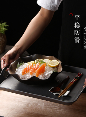 日式托盘密胺木纹带手柄塑料端菜盘长方形大号酒店餐厅加厚商用盘