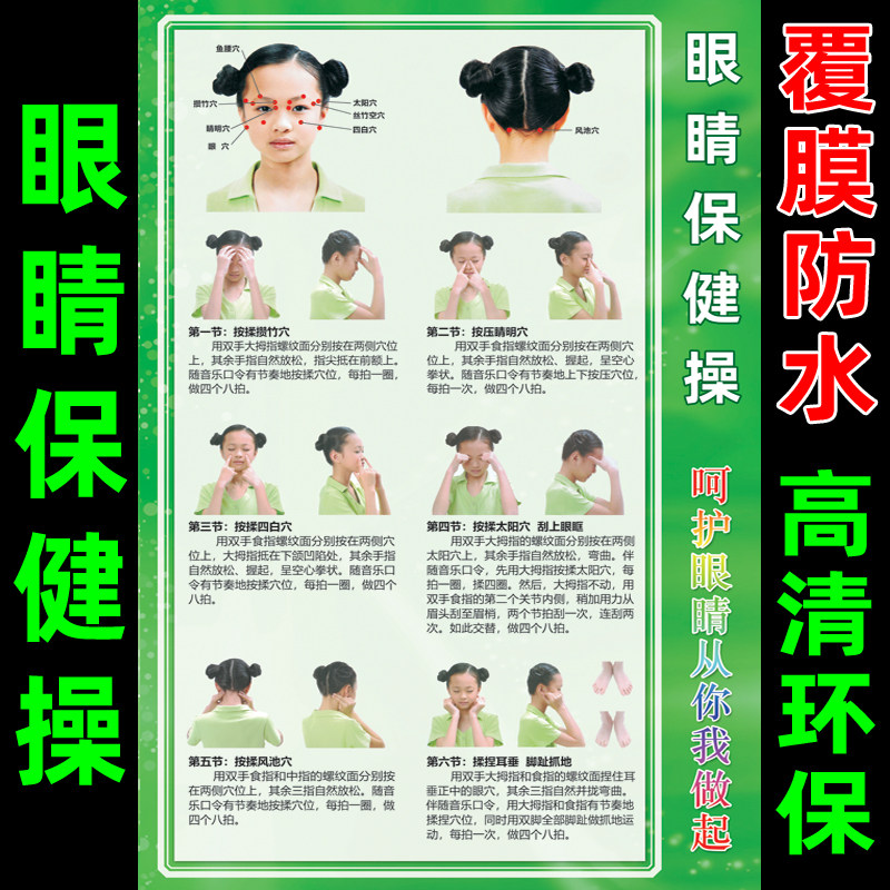 包邮中小学生眼睛保健操图片宣传海报保护视力望远远视表墙贴挂图