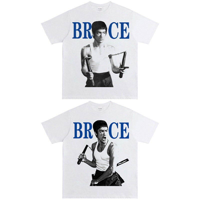 BruceLee李小龙tomsenlin美式复古风格T恤蓝色背景字印花短袖夏季