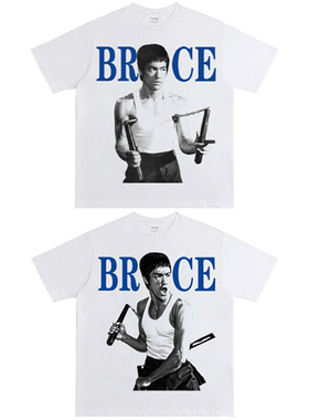 BruceLee李小龙tomsenlin美式复古风格T恤蓝色背景字印花短袖夏季