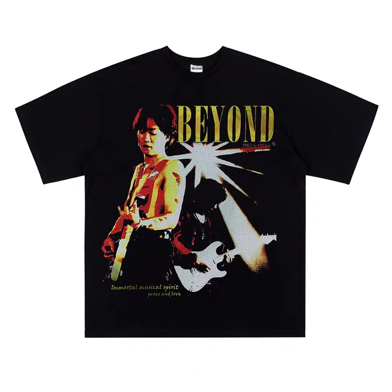 Beyond 黄家驹美式重磅纯棉复古小领口潮流宽松版摇滚乐队短袖T恤