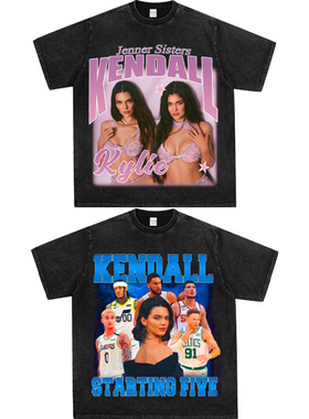 Kendall Jenner肯豆詹娜小领口印花重磅纯棉摇滚宽松纯棉短袖t恤