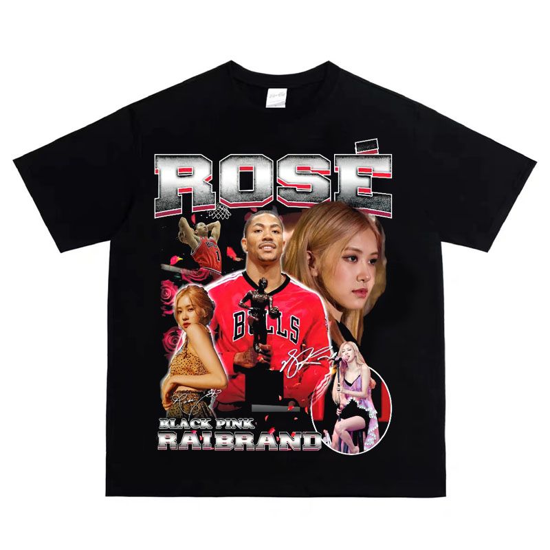 Rose夏季美式小领口街头嘻哈摇滚纯棉短袖t恤朴彩英罗斯潮流男女