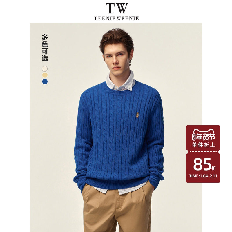 TeenieWeenie小熊男女同款毛衣2025春新款圆领复古时尚绞花针织衫