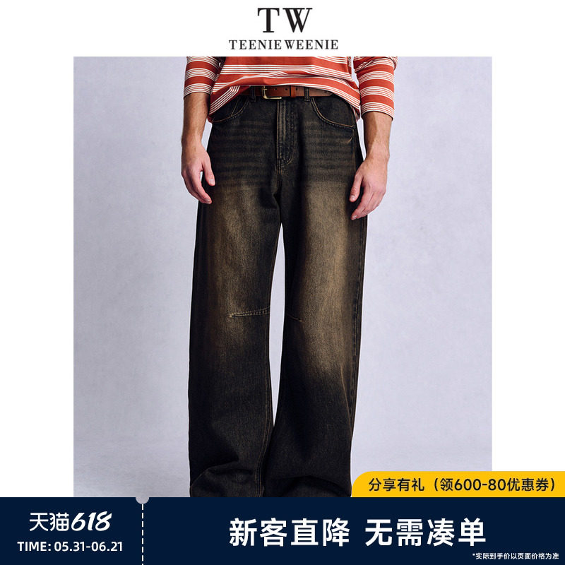 TeenieWeenie小熊男装复古美式水洗骨感廓形宽松弯刀牛仔裤子