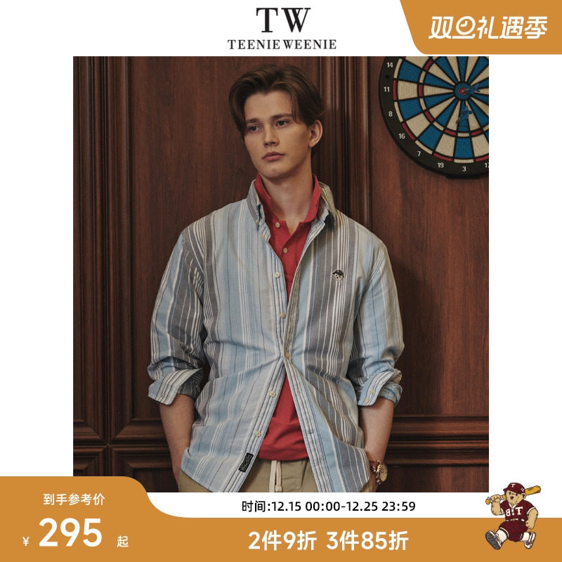 TeenieWeenie小熊男装长袖衬衫2025春季新款蓝灰条纹