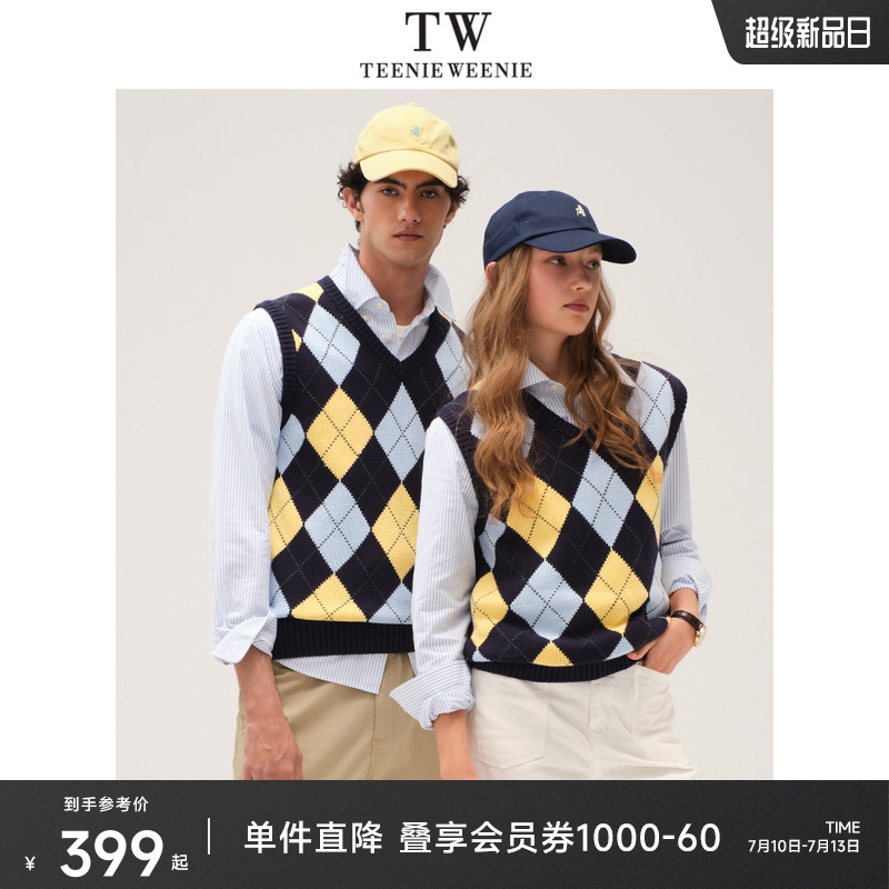 TeenieWeenie小熊男装撞色格纹毛衣2025春季新款简约