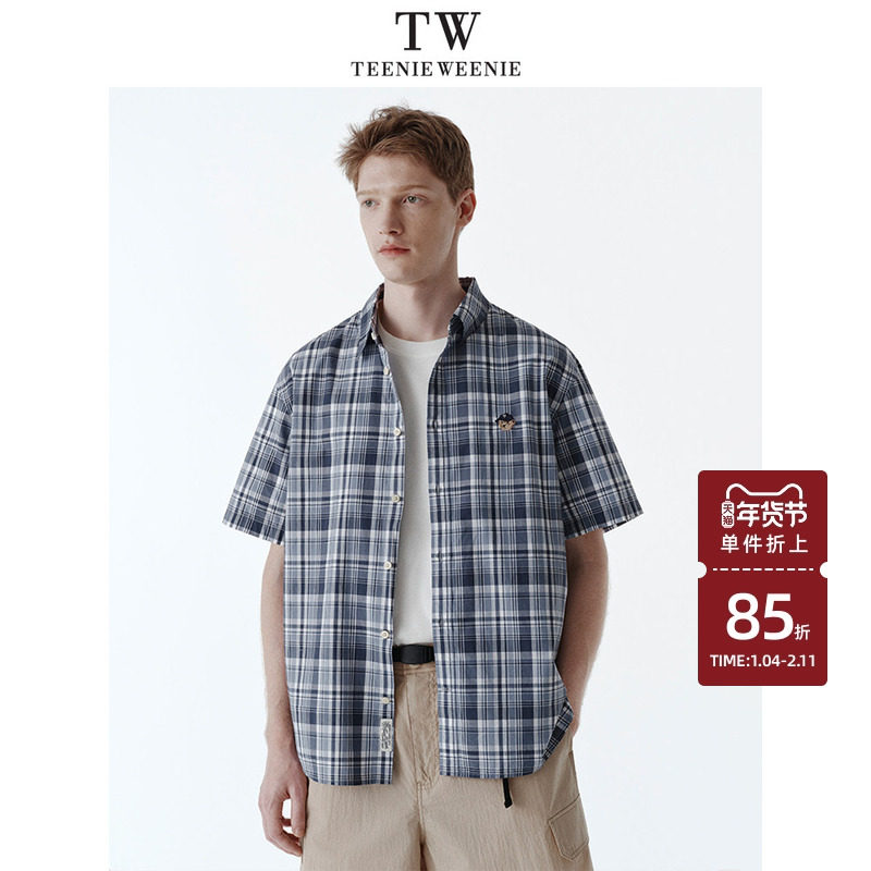 Teenie Weenie小熊男装休闲全棉舒适色织格纹短袖衬衫2