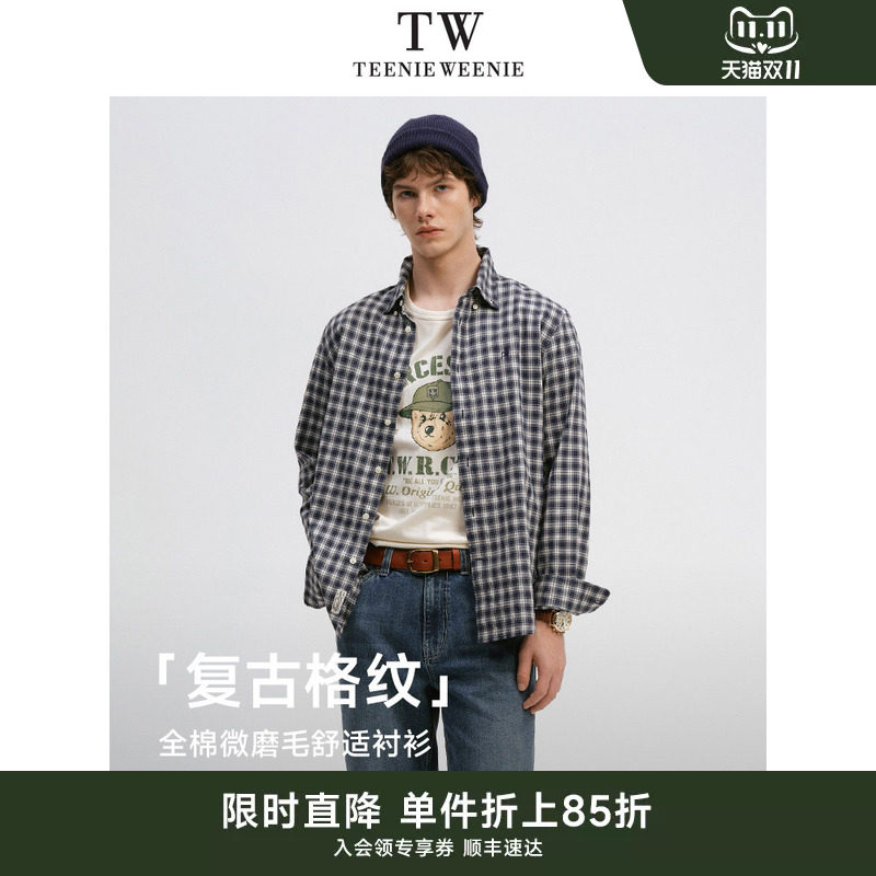 TeenieWeenie小熊男装衬衣美式休闲复古轻磨毛易打理格子长袖衬衫