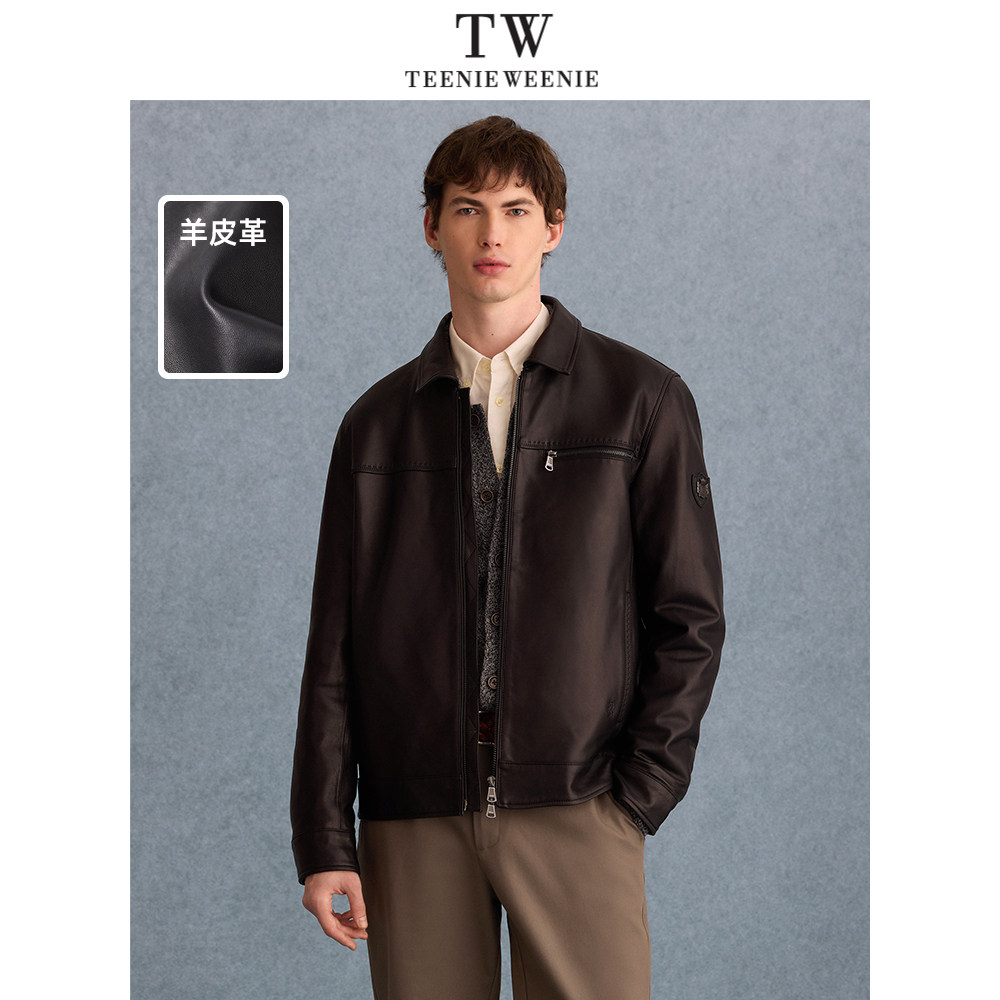 TeenieWeenie小熊男装皮衣2025春季新款黑色翻领潮流