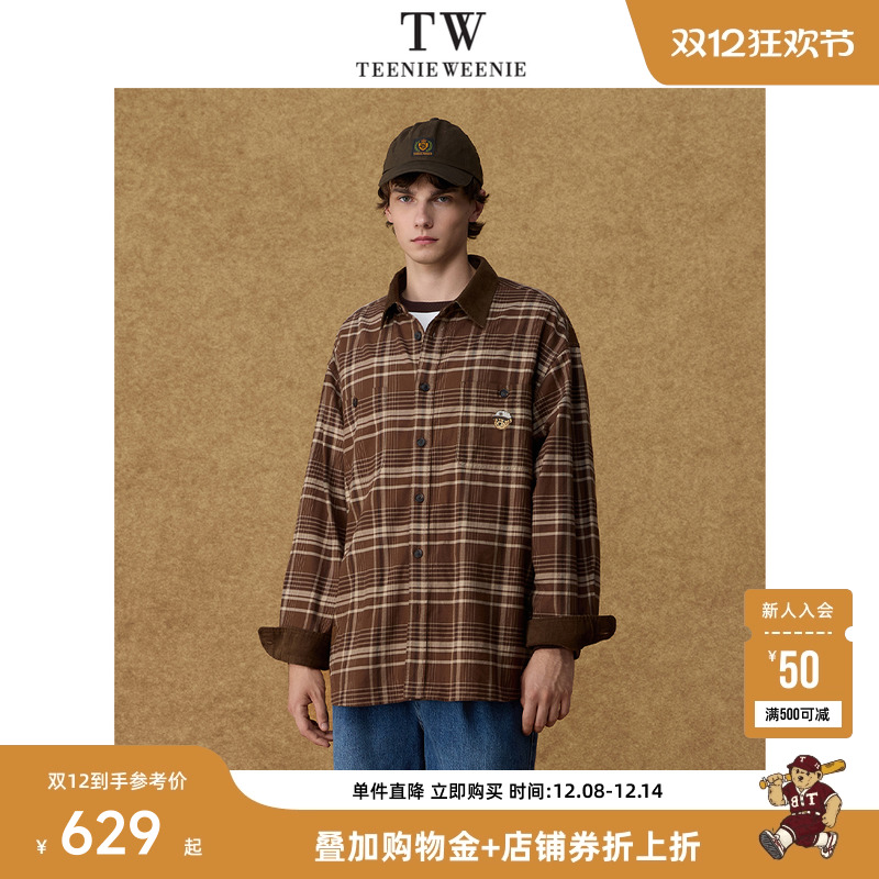 Teenie Weenie小熊男装休闲熊脸刺绣复古灯芯绒拼接格纹宽松衬衫