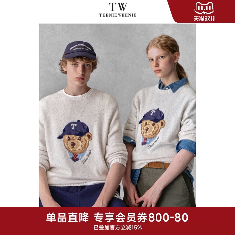 TeenieWeenie小熊男装秋冬休闲学院风软糯保暖刺绣圆领毛衣情侣装