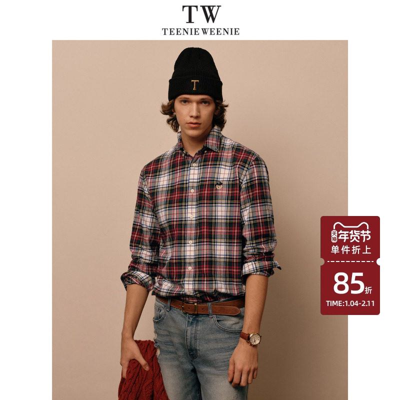 TeenieWeenie小熊男装红色格纹衬衫2025春季新款复古