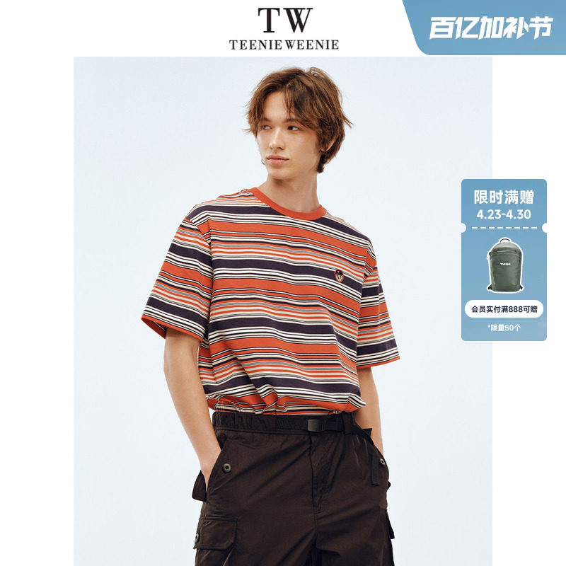 TeenieWeenie小熊男装T恤2025夏季新款潮流活力彩色条纹圆领短袖