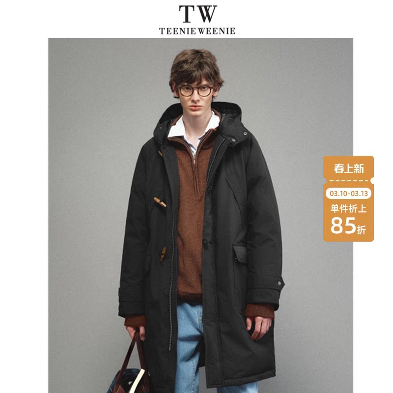 TeenieWeenie小熊男装轻盈三防90鸭绒防风连帽牛角扣长款羽绒服