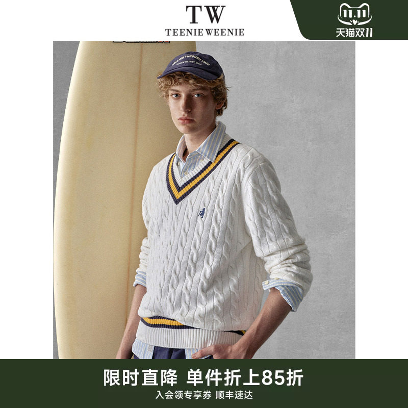 TeenieWeenie小熊男装复古学院撞色条纹提花微落肩V领绞花毛衣