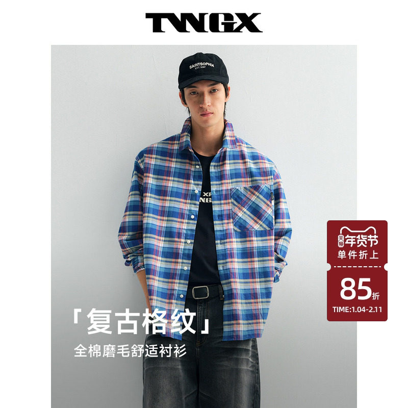 Teenie Weenie小熊男装宽松磨毛手感复古日常格纹翻领衬