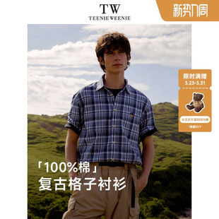 复古休闲短袖 TeenieWeenie小熊男装 新款 格子宽松小众美式 衬衫