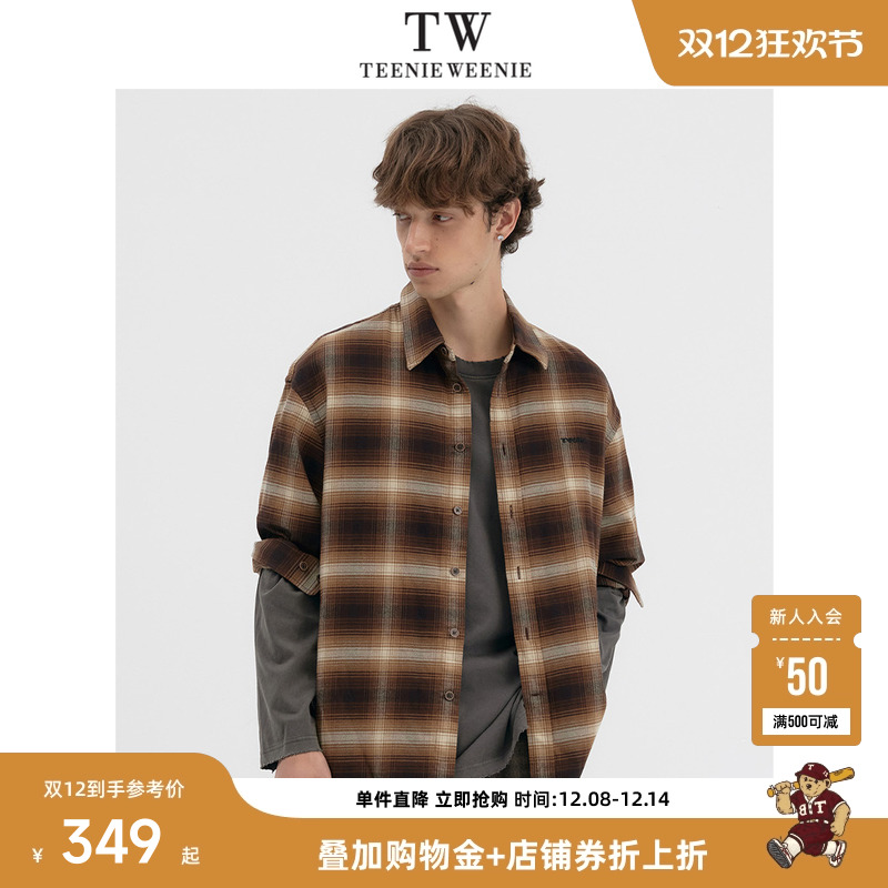 Teenie Weenie小熊男装休闲舒适撞色纯棉格纹长袖复古上衣衬衫