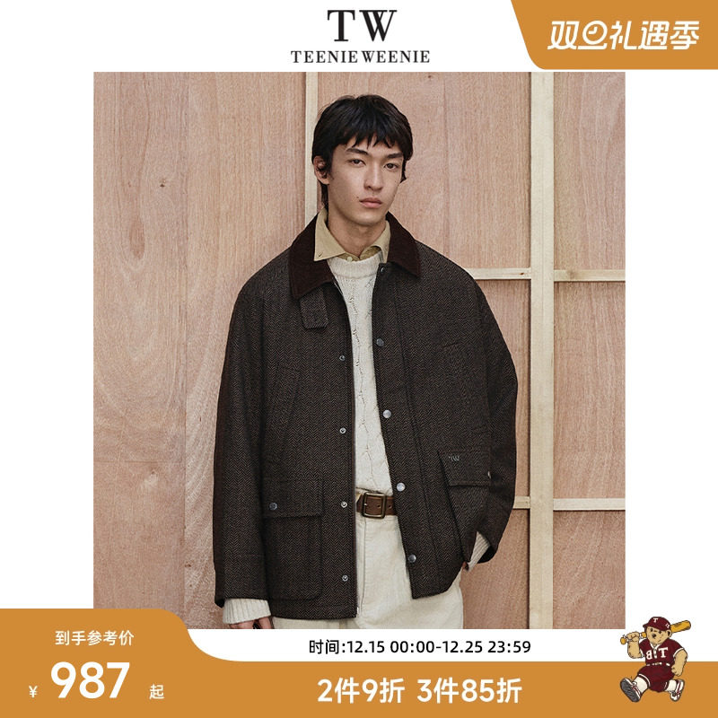 Teenie Weenie小熊男装复古法式插肩宽松中性风毛呢外套