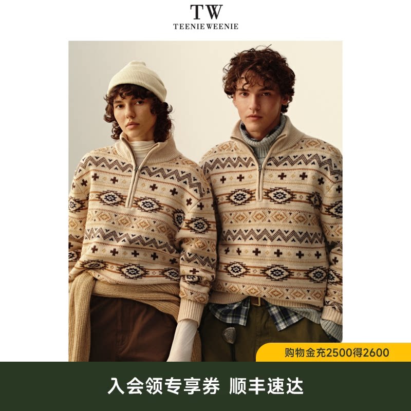 TeenieWeenie小熊男装绵羊毛混纺宽松半拉链立领法式慵懒休闲毛衣