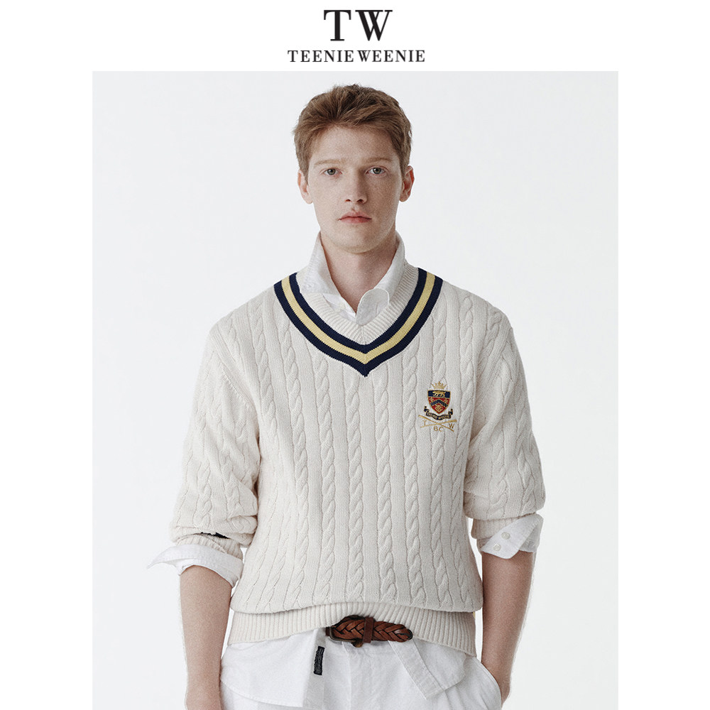 Teenie Weenie小熊男装撞色条纹徽章刺绣麻花V领套头毛