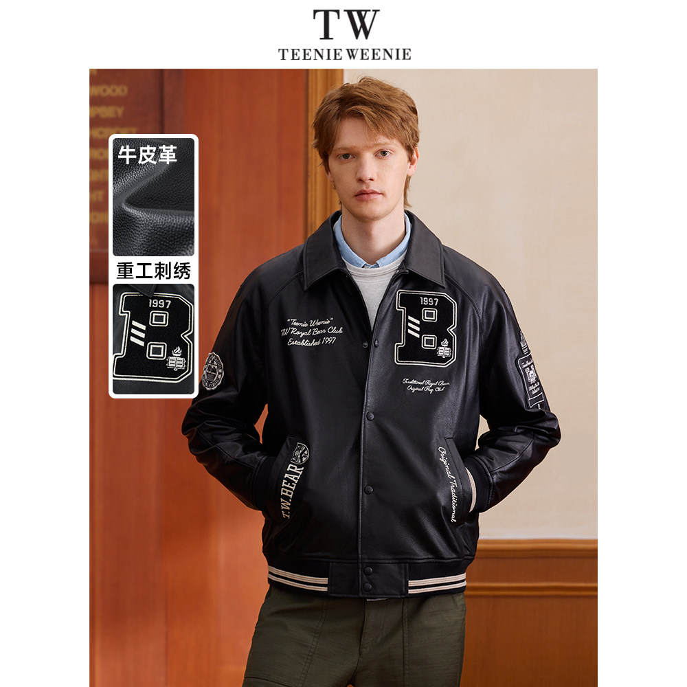 TeenieWeenie小熊男装皮衣2025春季新款时尚撞色复古