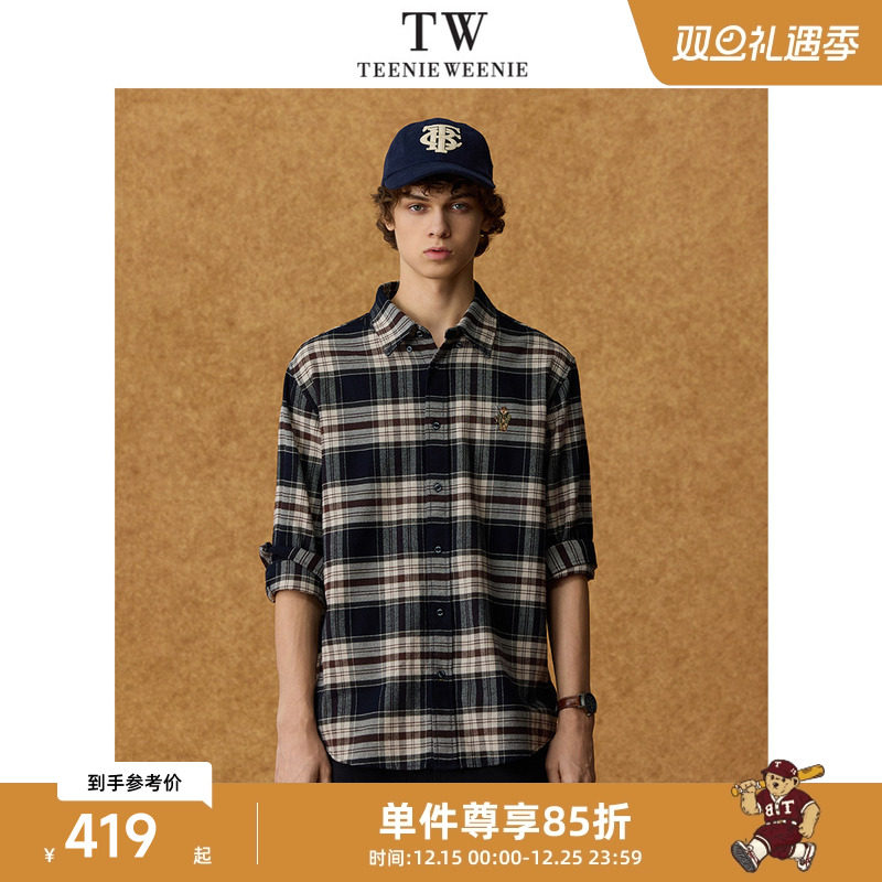 Teenie Weenie小熊男装熊刺绣宽松翻领简约通勤休闲格纹