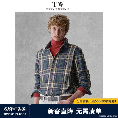 TeenieWeenie小熊男装简约休闲宽松刺绣拼接格纹翻领衬衫