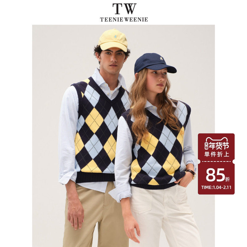 TeenieWeenie小熊男装撞色格纹毛衣2025春季新款简约