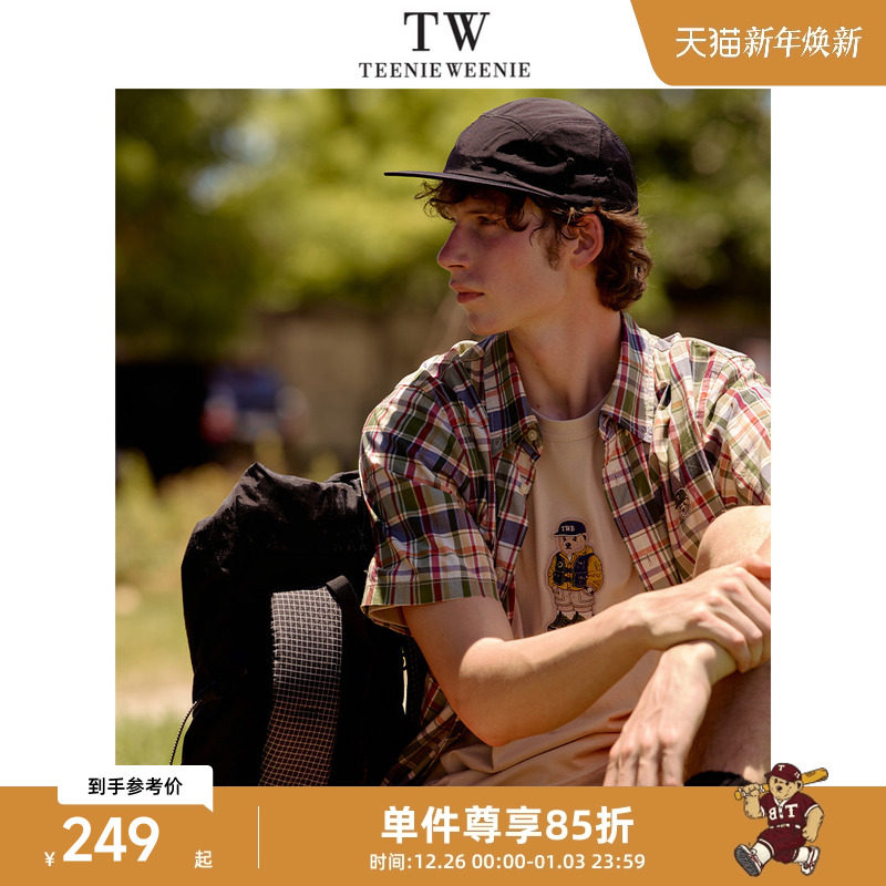 TeenieWeenie小熊男装衬衫新款格子清凉小众复古翻领短袖