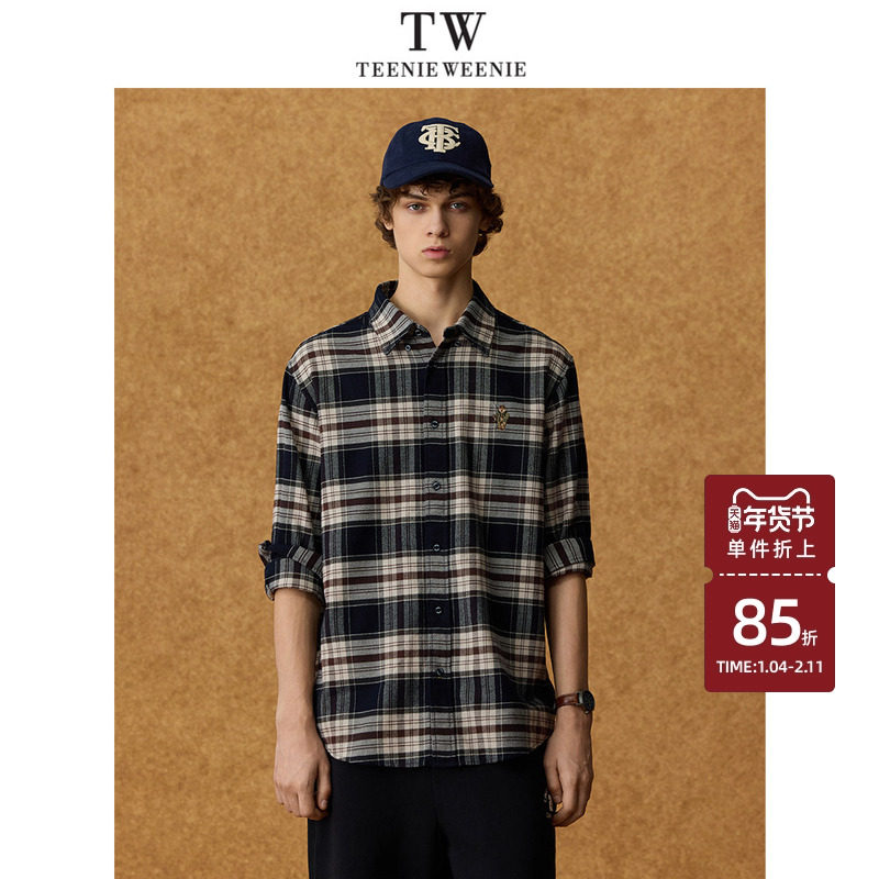 Teenie Weenie小熊男装熊刺绣宽松翻领简约通勤休闲格纹