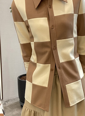 AETNA PROJECT 安格集合店 浅黄色弹力拼接方格衬衫