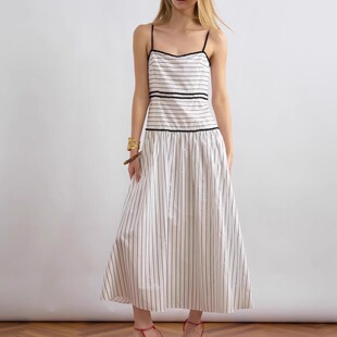 JACQUES WEI 安格集合店 25PF度假系列纯棉条纹钉珠刺绣吊带长裙