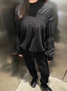 YCH 安格集合店 黑色长袖褶皱宽松衬衫套头上衣女