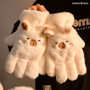 可爱卡通毛绒五指手套女冬季保暖加绒加厚防寒骑行手套