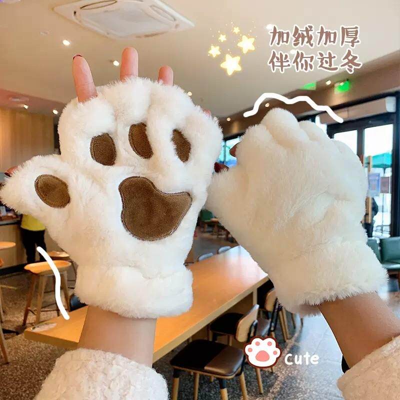 手套冬天毛绒绒女加绒加厚保暖防寒熊掌可爱学生骑行写字半指手套