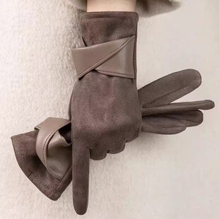 可触屏麂皮绒手套女士加绒保暖分指手套开车骑车手套秋冬款