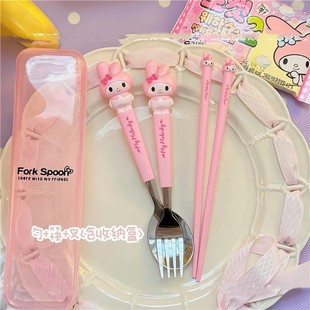 不锈钢高颜值melody勺子叉子筷子防滑筷女孩子 卡通美乐蒂餐具套装