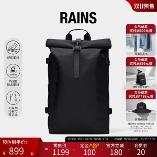 Rains防水面料卷顶大容量双肩包书包户外旅行包男女Rolltop/14590