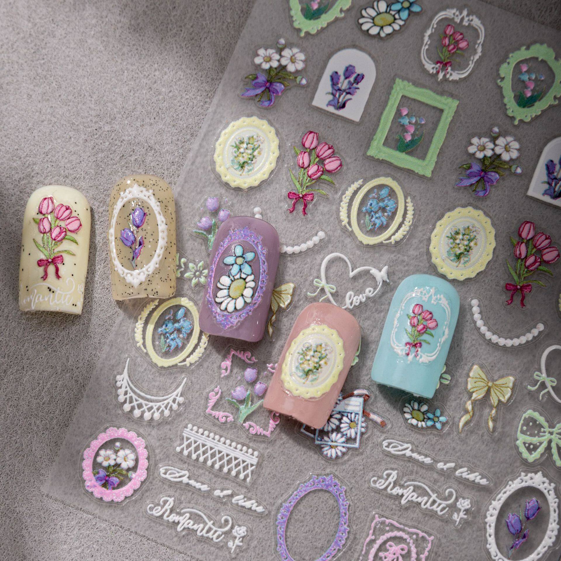 复古小清新郁金香浮雕相框美甲花朵立体贴纸防水背胶指甲贴纸