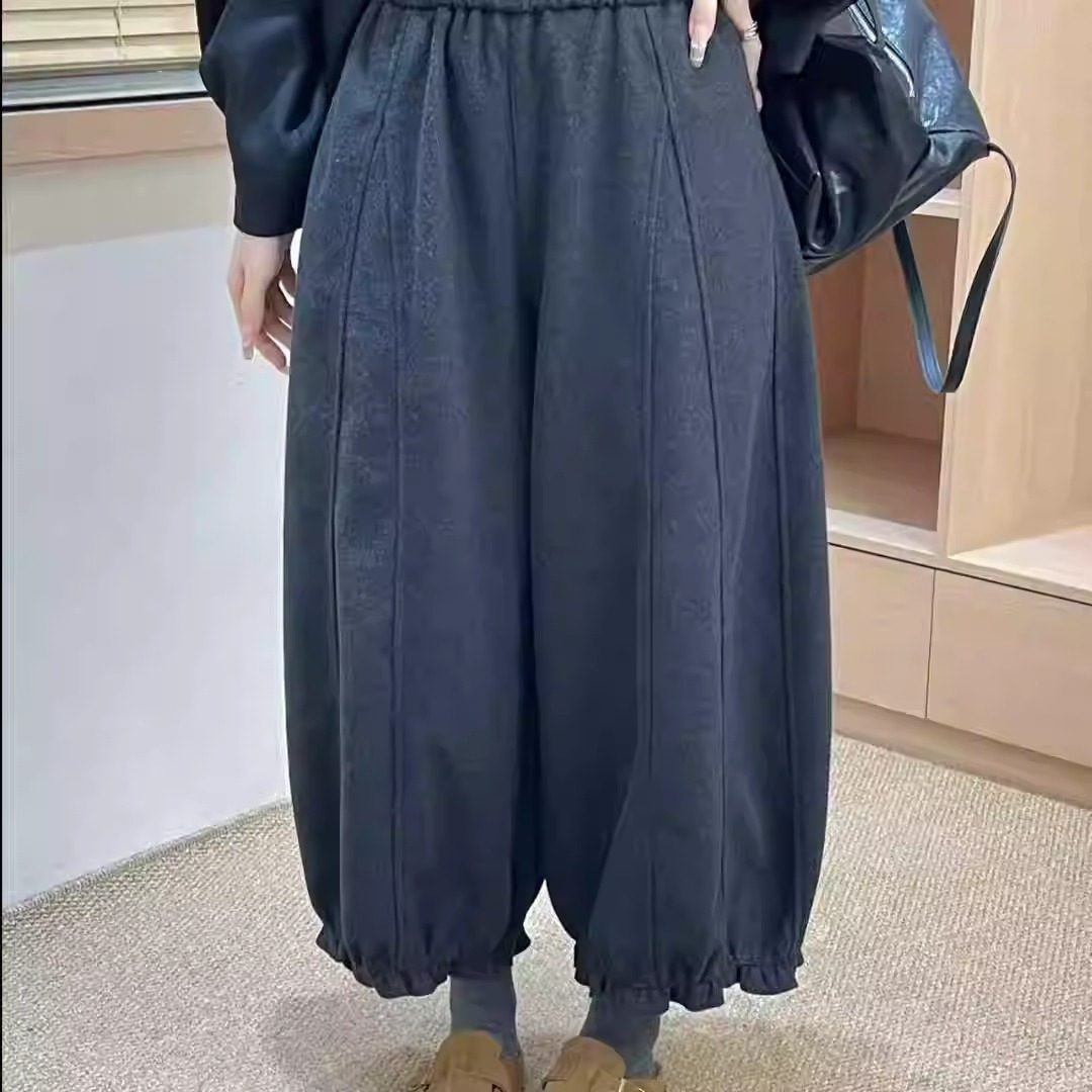 秋冬新款宽松慵懒风九分阔腿裤女百搭休闲花边毛呢裤灯笼裤 66060